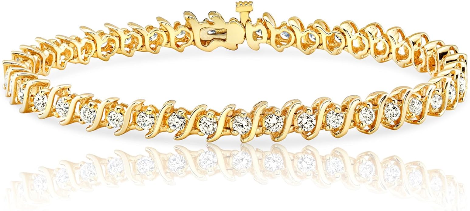 Round Natural Diamond S Link Tennis Bracelet in 14k Yellow Gold (7 in ...